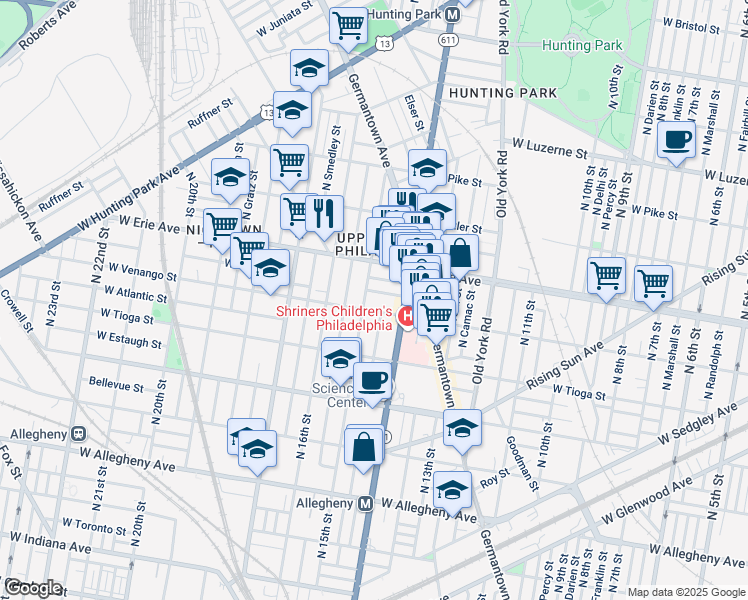 map of restaurants, bars, coffee shops, grocery stores, and more near 3615 North 15th Street in Philadelphia