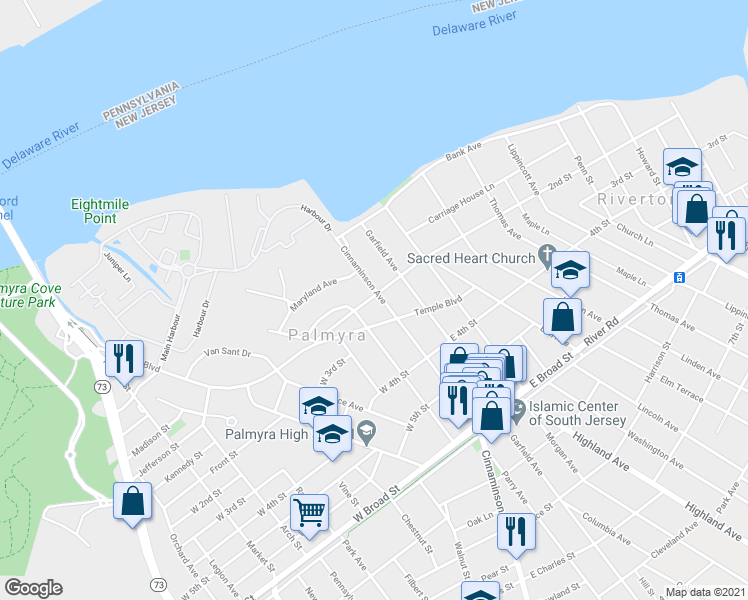 map of restaurants, bars, coffee shops, grocery stores, and more near 201 Cinnaminson Avenue in Palmyra