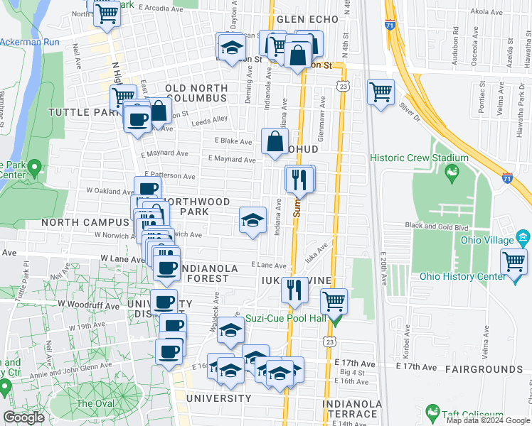 map of restaurants, bars, coffee shops, grocery stores, and more near 2206 Indianola Ave in Columbus