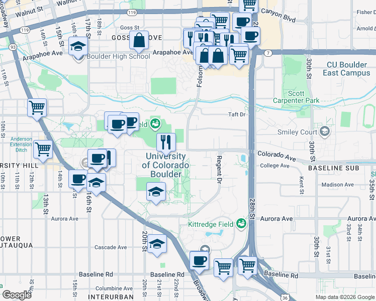 map of restaurants, bars, coffee shops, grocery stores, and more near in Boulder