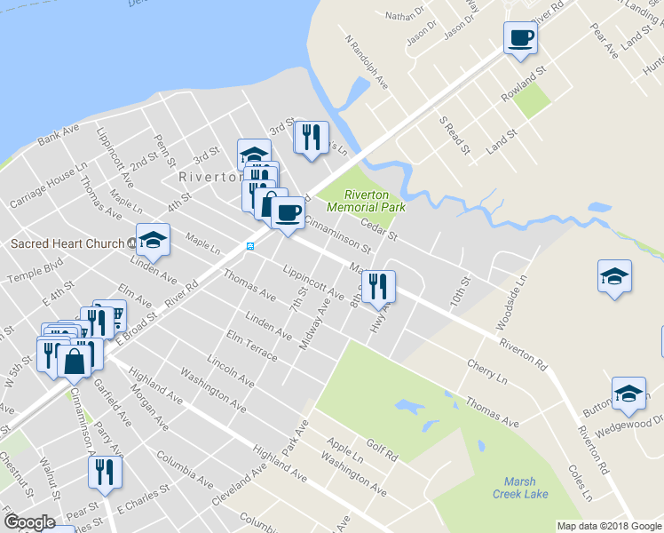 map of restaurants, bars, coffee shops, grocery stores, and more near 706 Main Street in Riverton