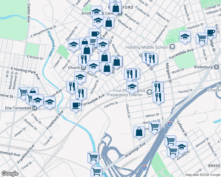 map of restaurants, bars, coffee shops, grocery stores, and more near 1946 Ruan Street in Philadelphia