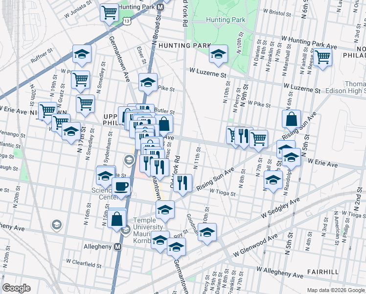 map of restaurants, bars, coffee shops, grocery stores, and more near 3638 North Marvine Street in Philadelphia