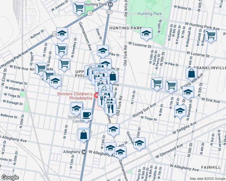 map of restaurants, bars, coffee shops, grocery stores, and more near 3635 North Camac Street in Philadelphia