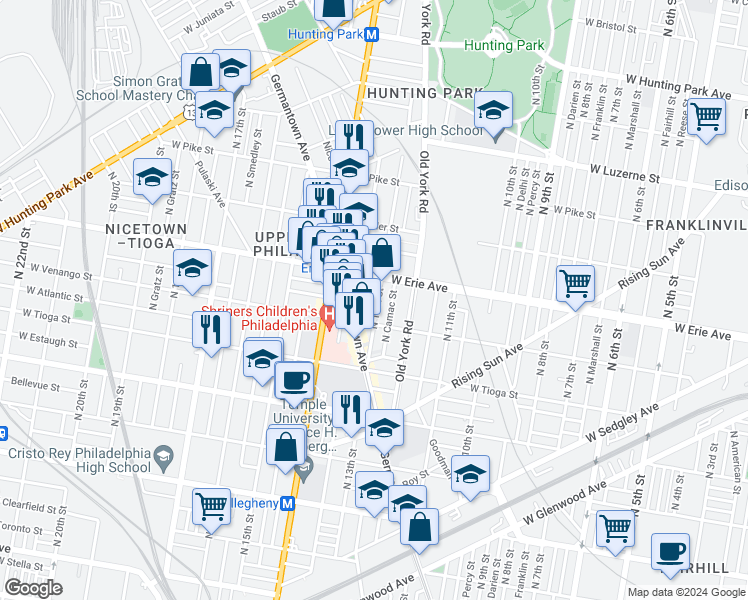 map of restaurants, bars, coffee shops, grocery stores, and more near 1328 West Victoria Street in Philadelphia