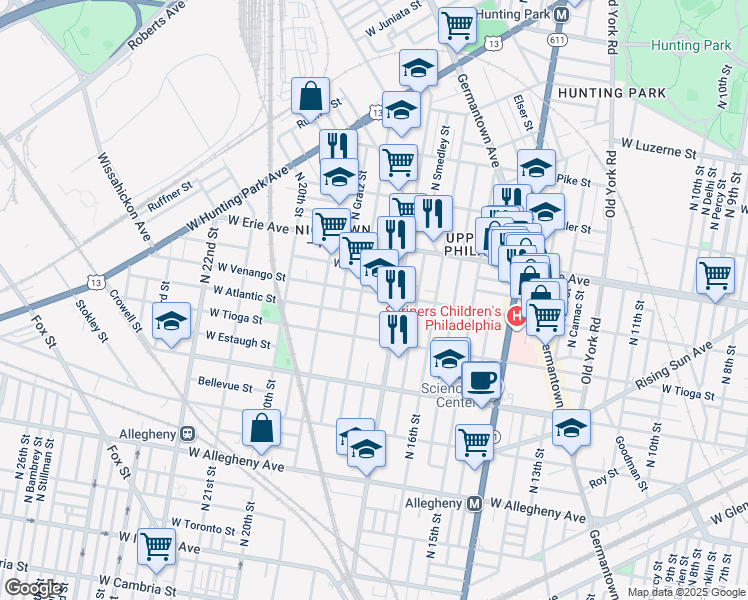 map of restaurants, bars, coffee shops, grocery stores, and more near 1728 West Venango Street in Philadelphia