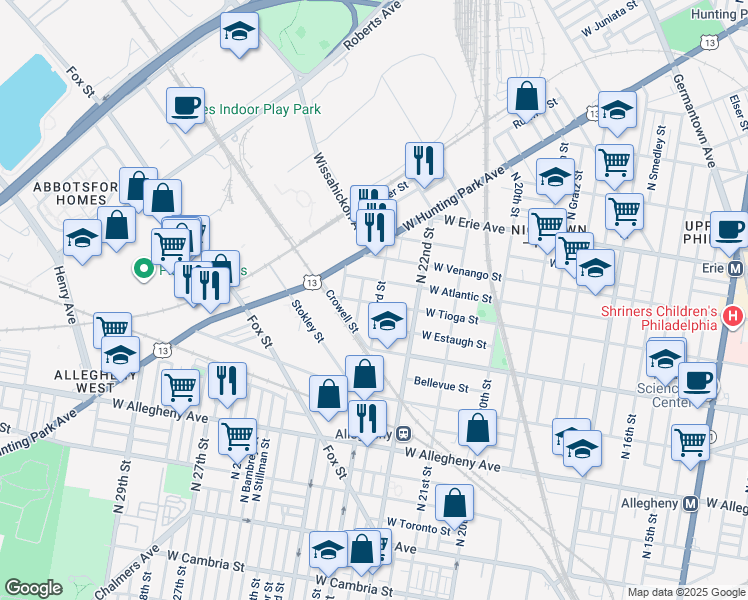 map of restaurants, bars, coffee shops, grocery stores, and more near 3452 North 23rd Street in Philadelphia