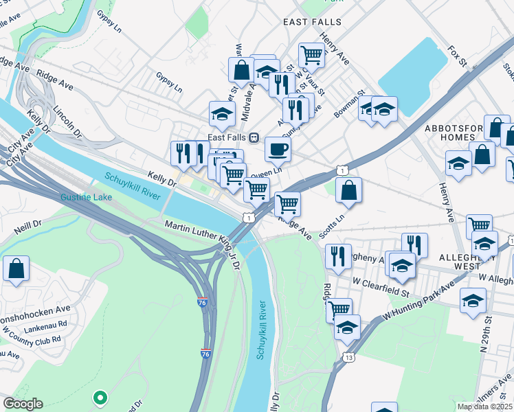 map of restaurants, bars, coffee shops, grocery stores, and more near in Philadelphia