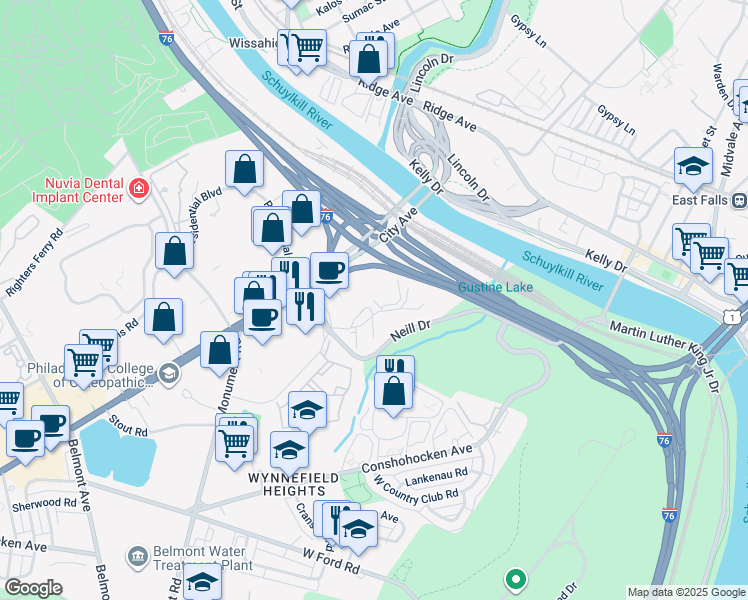 map of restaurants, bars, coffee shops, grocery stores, and more near 3902 City Avenue in Philadelphia