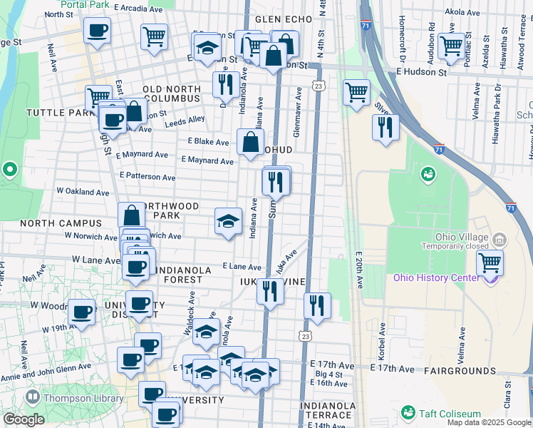 map of restaurants, bars, coffee shops, grocery stores, and more near 2181 Summit Street in Columbus