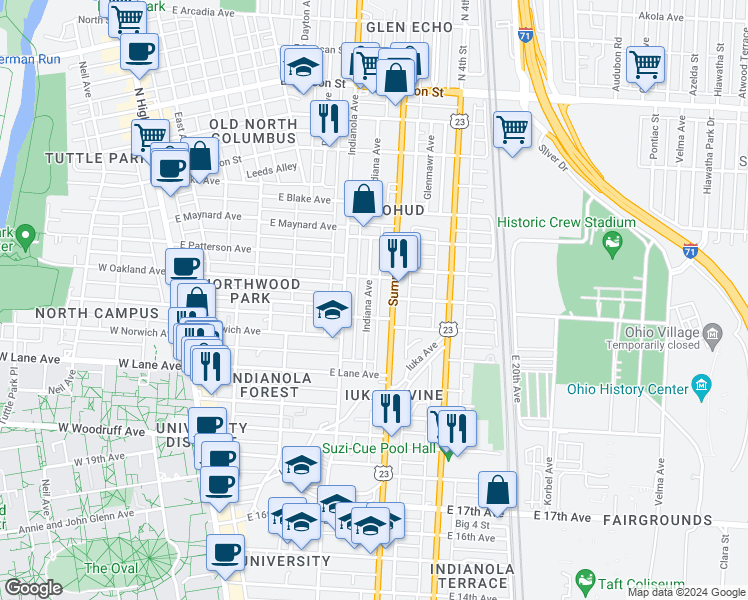 map of restaurants, bars, coffee shops, grocery stores, and more near 2181 Summit Street in Columbus