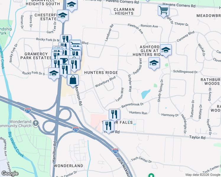 map of restaurants, bars, coffee shops, grocery stores, and more near 610 Codrington Circle in Columbus