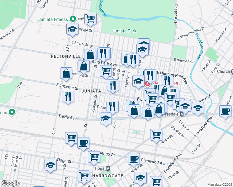 map of restaurants, bars, coffee shops, grocery stores, and more near 1140 East Luzerne Street in Philadelphia