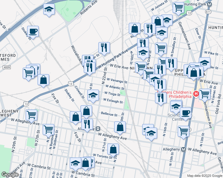 map of restaurants, bars, coffee shops, grocery stores, and more near 3520 North 21st Street in Philadelphia