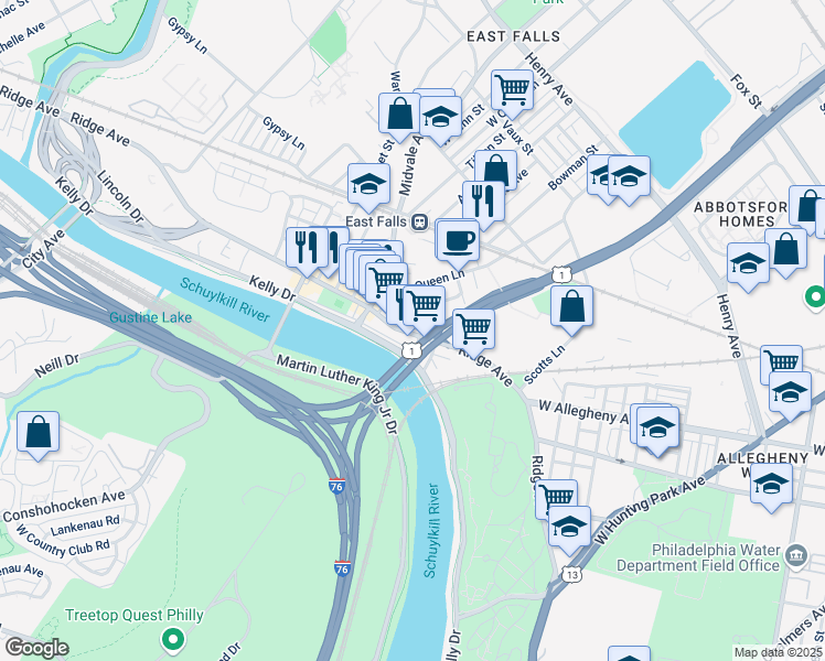 map of restaurants, bars, coffee shops, grocery stores, and more near 4145 Ridge Avenue in Philadelphia