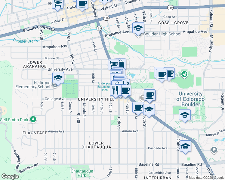 map of restaurants, bars, coffee shops, grocery stores, and more near 1146 12th Street in Boulder