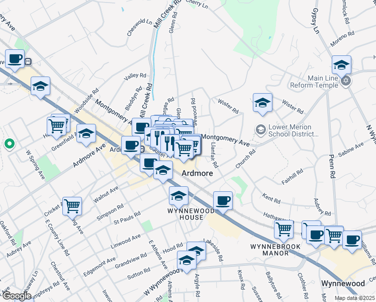 map of restaurants, bars, coffee shops, grocery stores, and more near 119 Coulter Avenue in Ardmore