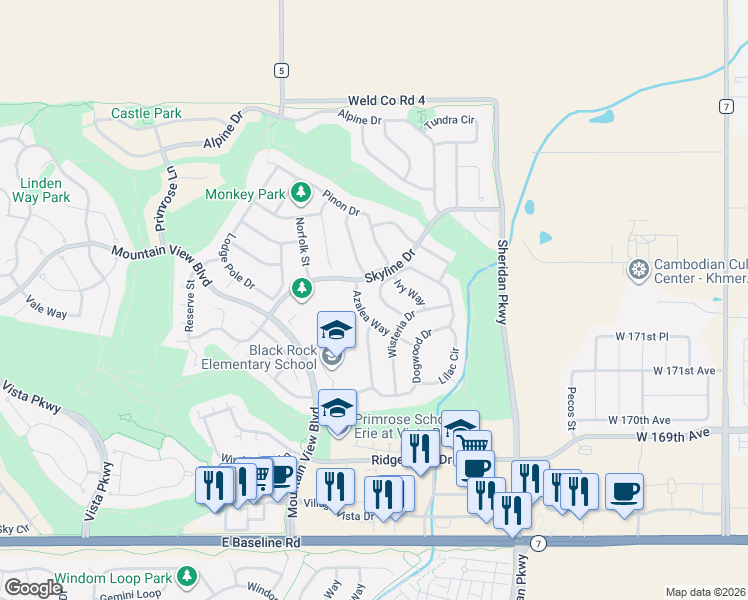 map of restaurants, bars, coffee shops, grocery stores, and more near 2278 Dogwood Circle in Erie