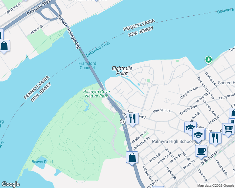 map of restaurants, bars, coffee shops, grocery stores, and more near 9405 Wrensong Court in Palmyra
