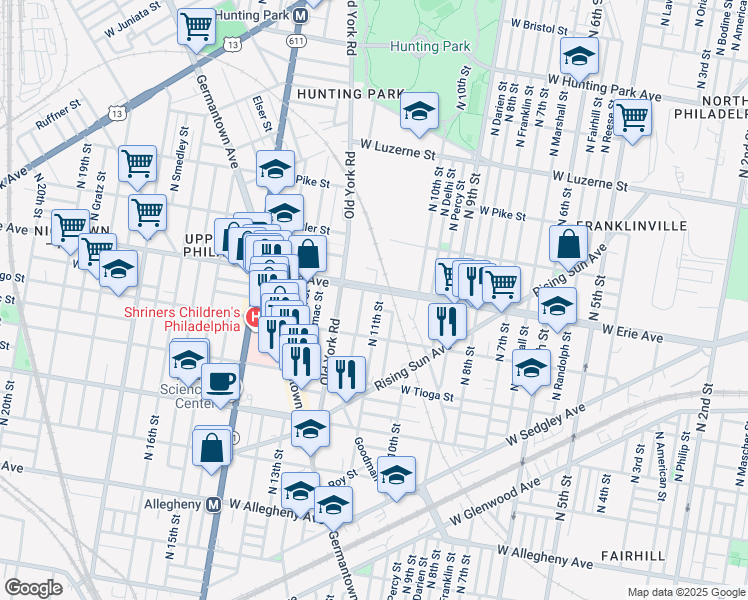 map of restaurants, bars, coffee shops, grocery stores, and more near 3654 North 11th Street in Philadelphia