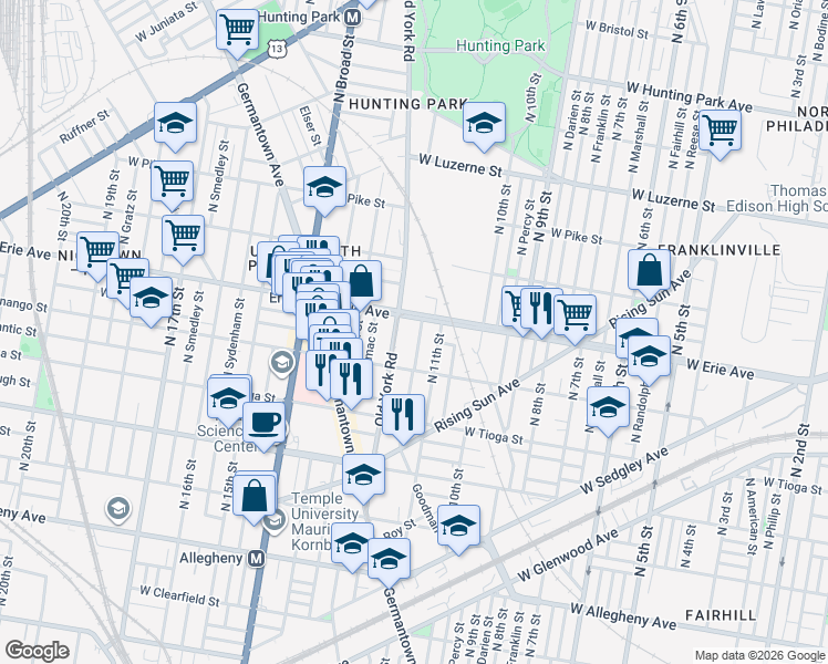 map of restaurants, bars, coffee shops, grocery stores, and more near 3638 North Marvine Street in Philadelphia