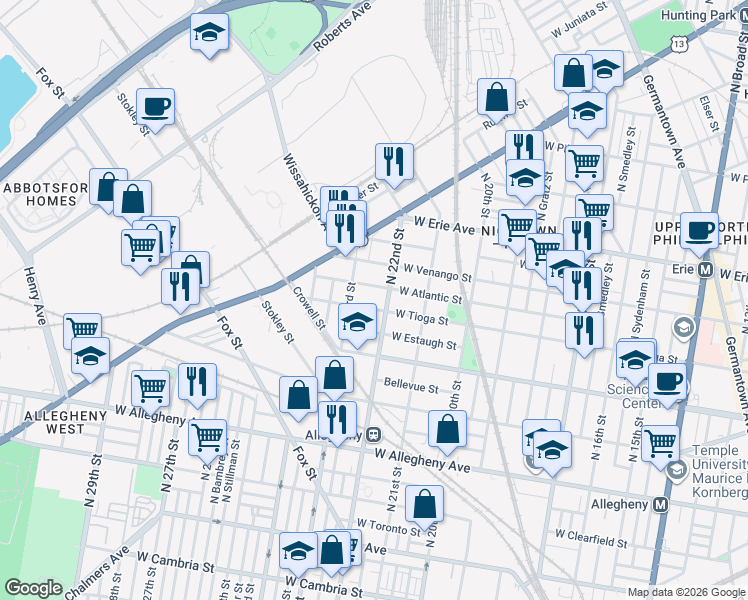 map of restaurants, bars, coffee shops, grocery stores, and more near 2211 West Tioga Street in Philadelphia