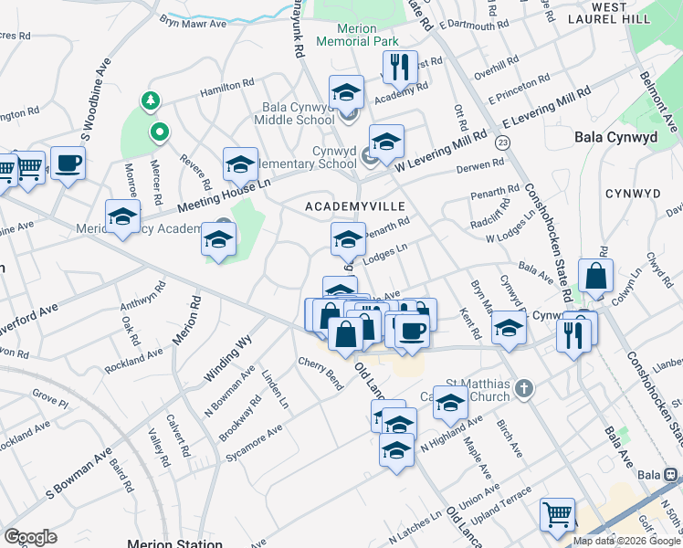 map of restaurants, bars, coffee shops, grocery stores, and more near 418 Levering Mill Road in Merion Station