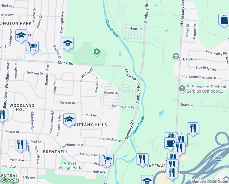 map of restaurants, bars, coffee shops, grocery stores, and more near 2687 Bloom Drive in Columbus