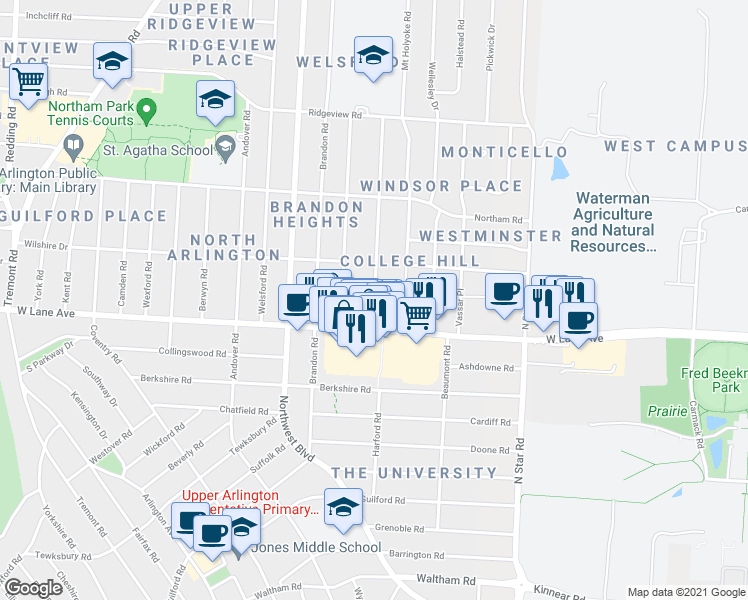 map of restaurants, bars, coffee shops, grocery stores, and more near 2495 Westmont Boulevard in Columbus
