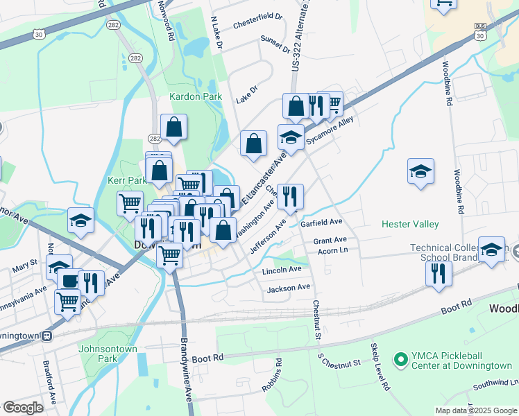 map of restaurants, bars, coffee shops, grocery stores, and more near 343 Washington Avenue in Downingtown