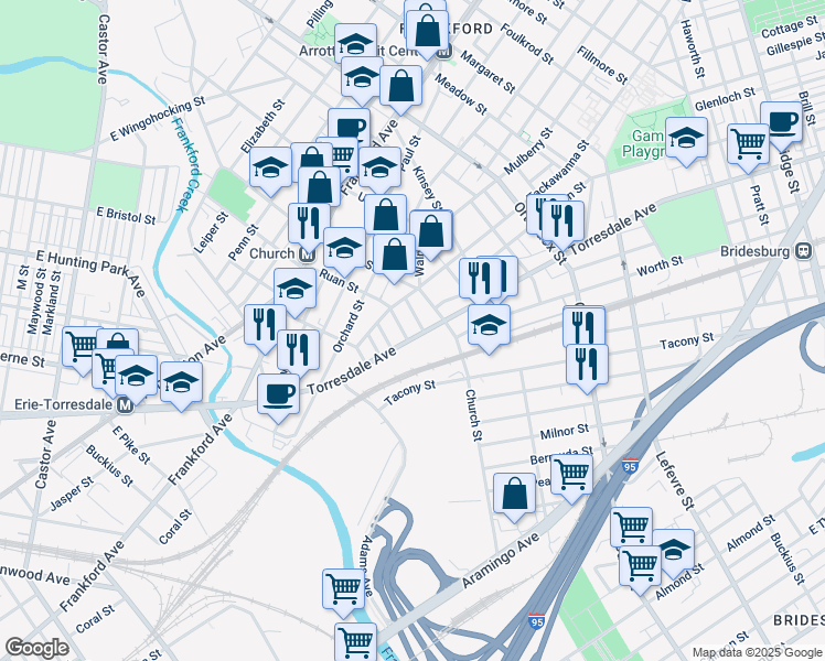 map of restaurants, bars, coffee shops, grocery stores, and more near 4270 Torresdale Avenue in Philadelphia