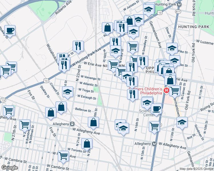 map of restaurants, bars, coffee shops, grocery stores, and more near 1919 West Atlantic Street in Philadelphia