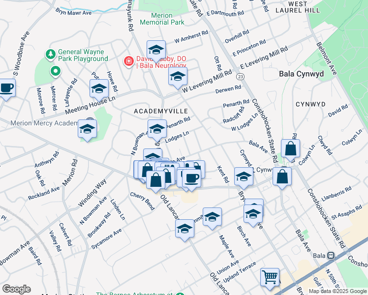 map of restaurants, bars, coffee shops, grocery stores, and more near 402 Pembroke Road in Bala Cynwyd