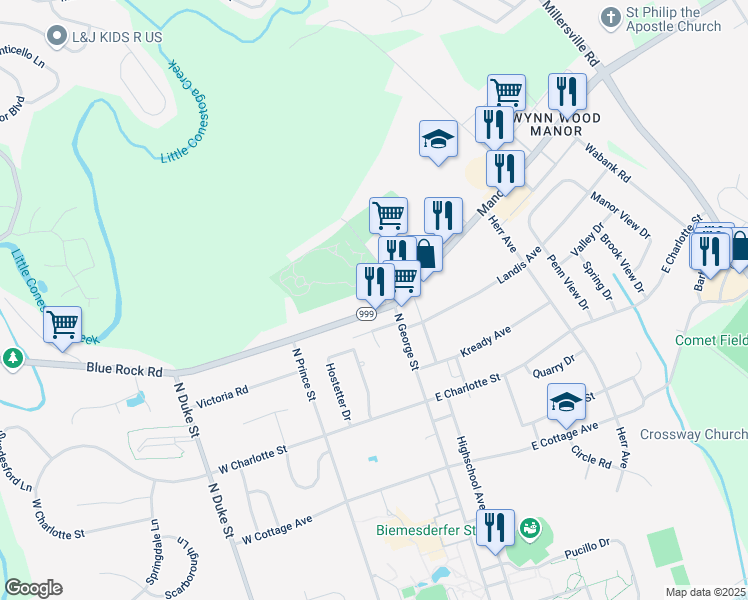 map of restaurants, bars, coffee shops, grocery stores, and more near 13 Blue Rock Road in Millersville