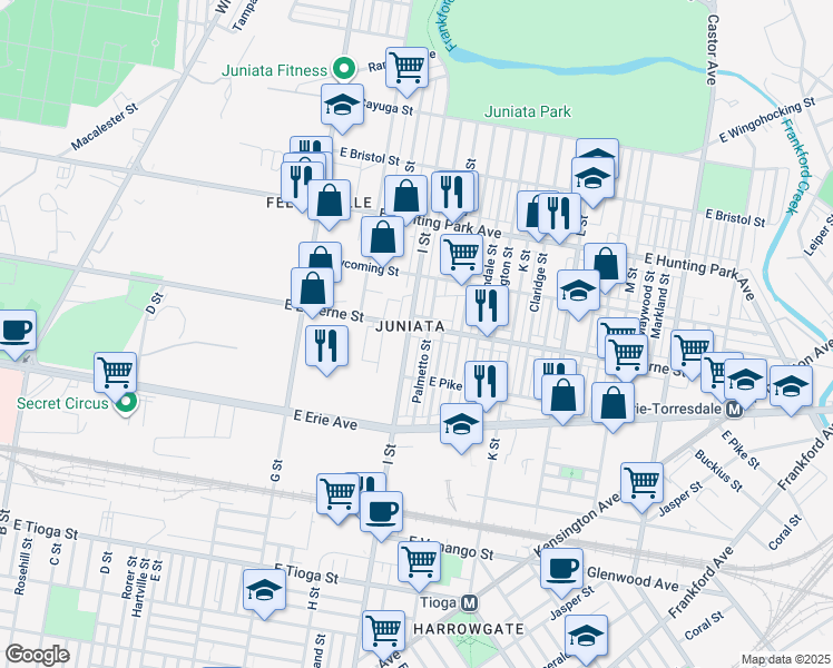 map of restaurants, bars, coffee shops, grocery stores, and more near 1002 East Luzerne Street in Philadelphia