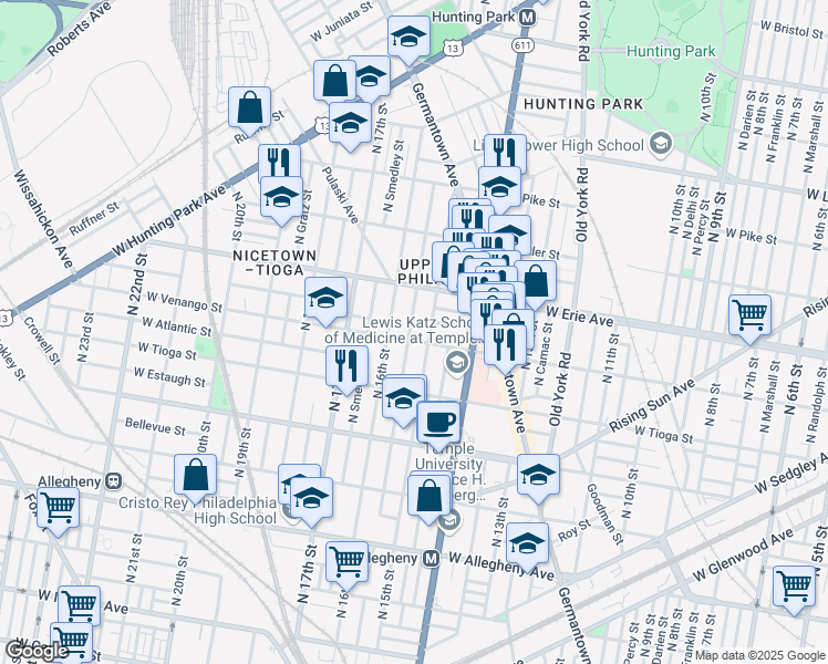 map of restaurants, bars, coffee shops, grocery stores, and more near 3611 North Sydenham Street in Philadelphia