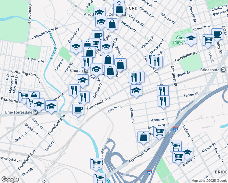 map of restaurants, bars, coffee shops, grocery stores, and more near 1939 Ruan Street in Philadelphia
