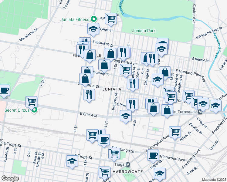 map of restaurants, bars, coffee shops, grocery stores, and more near 1002 East Luzerne Street in Philadelphia