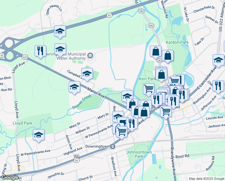 map of restaurants, bars, coffee shops, grocery stores, and more near 194 Race Street in Downingtown