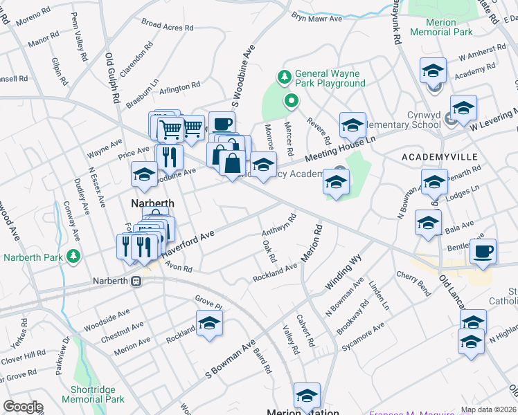 map of restaurants, bars, coffee shops, grocery stores, and more near 502 Haverford Avenue in Narberth