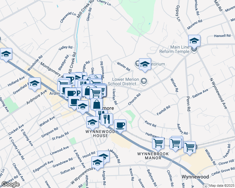 map of restaurants, bars, coffee shops, grocery stores, and more near 53 Llanfair Road in Ardmore