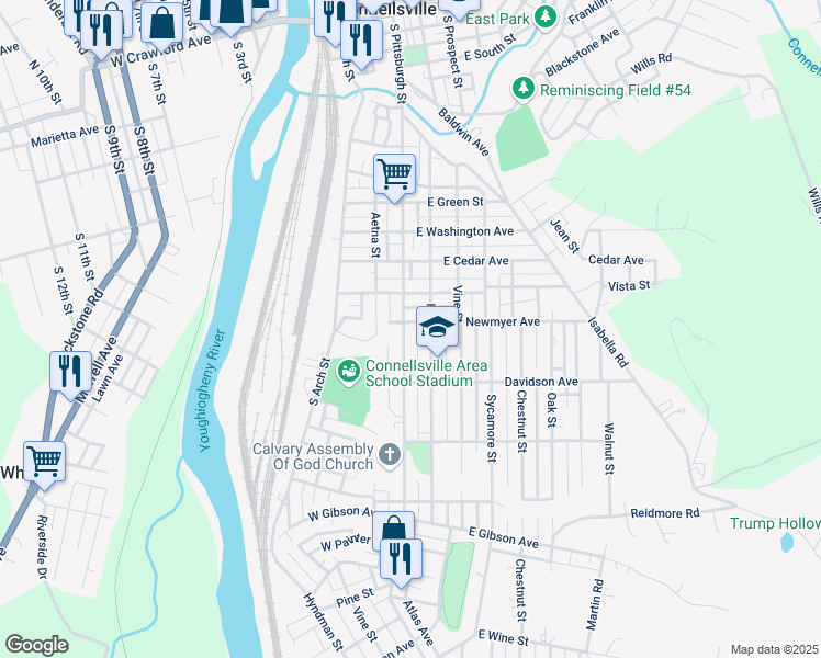 map of restaurants, bars, coffee shops, grocery stores, and more near 1129 South Pittsburgh Street in Connellsville