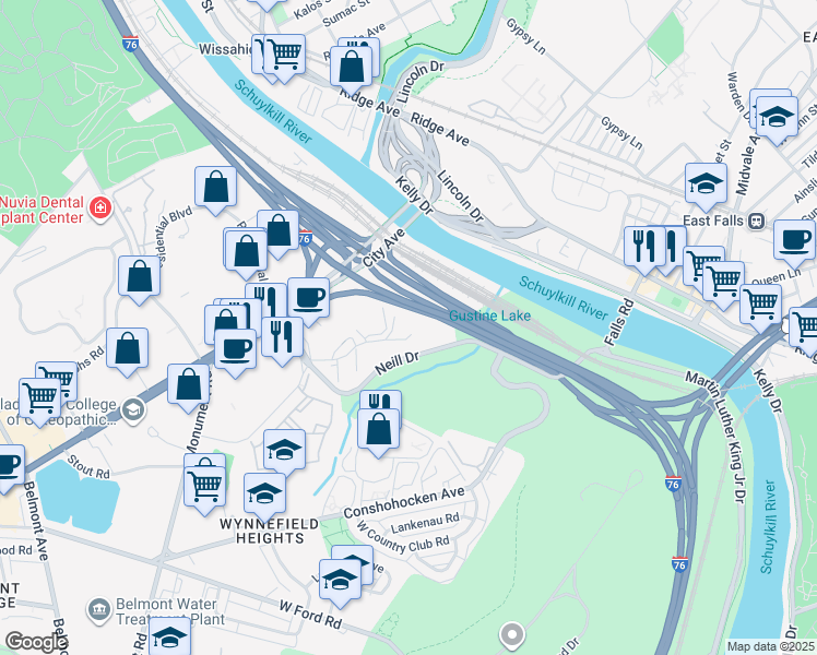 map of restaurants, bars, coffee shops, grocery stores, and more near 3950 City Avenue in Philadelphia