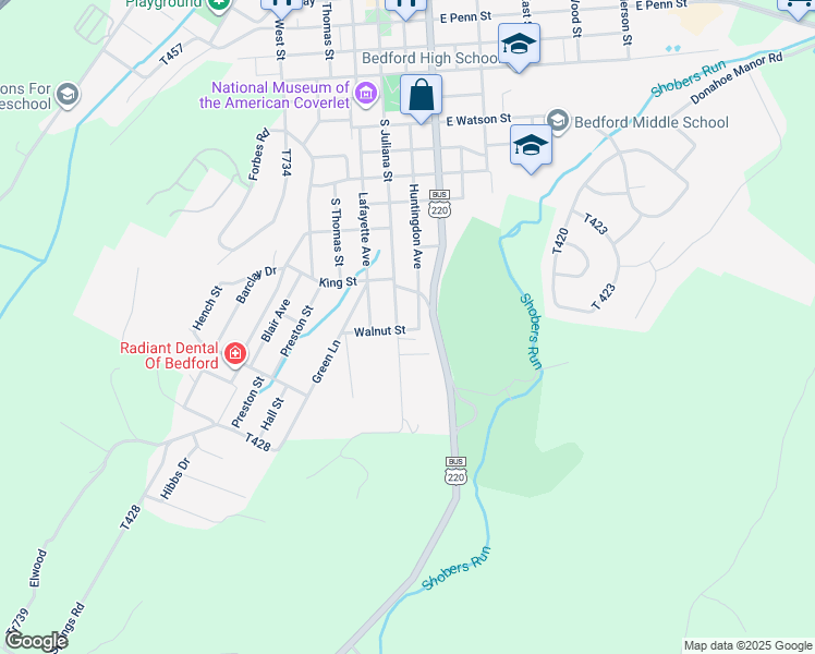 map of restaurants, bars, coffee shops, grocery stores, and more near 741 South Juliana Street in Bedford