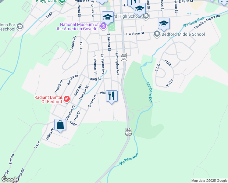 map of restaurants, bars, coffee shops, grocery stores, and more near 741 South Juliana Street in Bedford