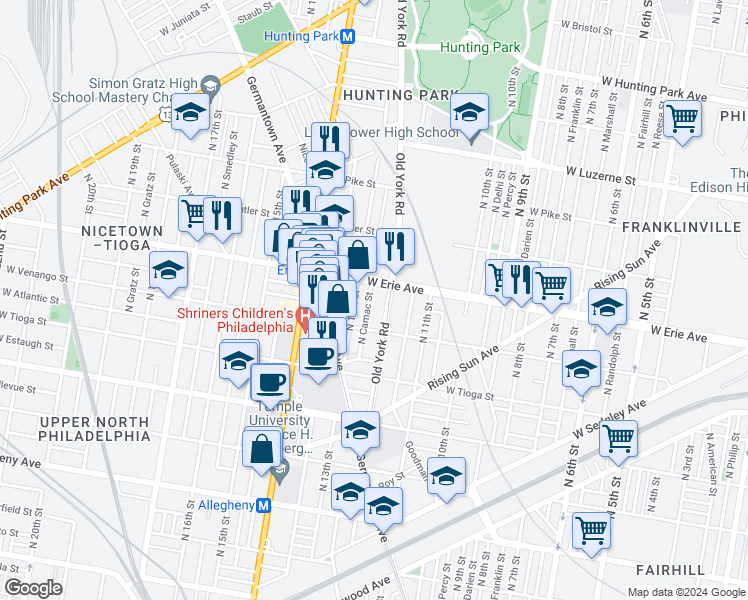 map of restaurants, bars, coffee shops, grocery stores, and more near 3649 North Camac Street in Philadelphia