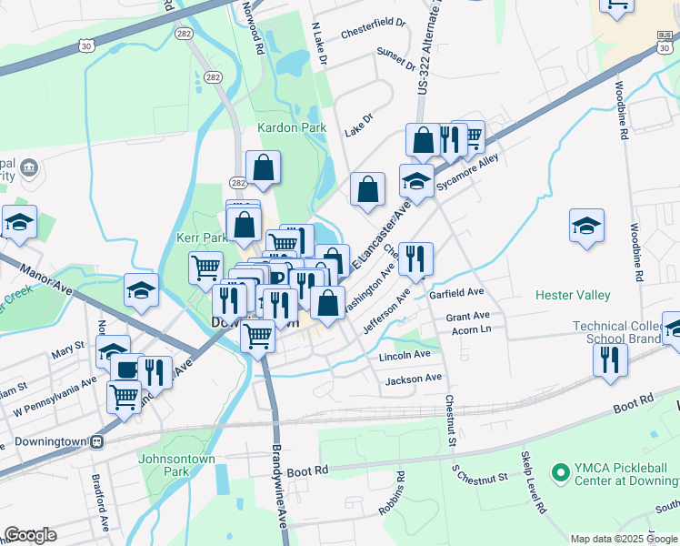 map of restaurants, bars, coffee shops, grocery stores, and more near 317 East Lancaster Avenue in Downingtown