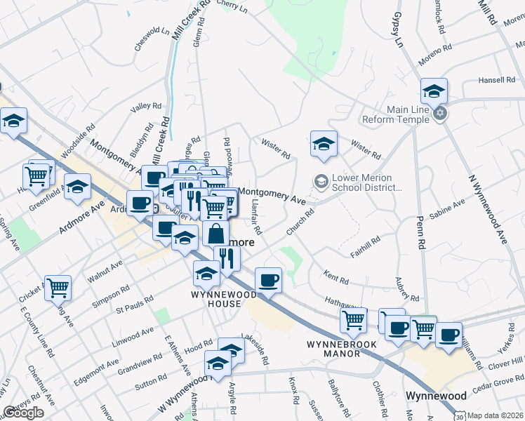 map of restaurants, bars, coffee shops, grocery stores, and more near 47 Llanfair Road in Ardmore