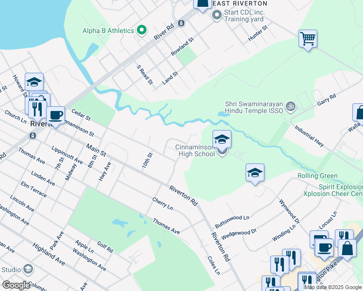 map of restaurants, bars, coffee shops, grocery stores, and more near 18 Laurel Road in Riverton