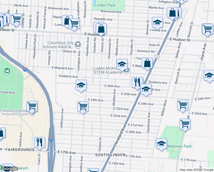 map of restaurants, bars, coffee shops, grocery stores, and more near 1249 East 26th Avenue in Columbus